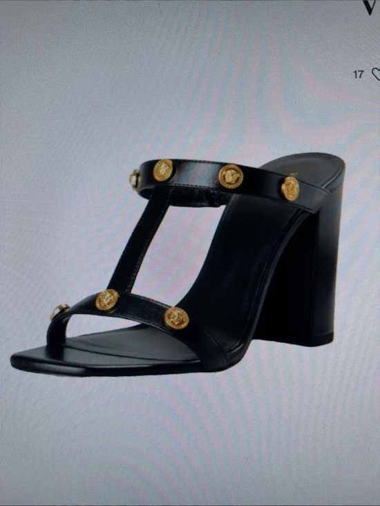 Versace Shoes - Versace Black Leather T-Strap Block Heel Mules with Gold Medallions